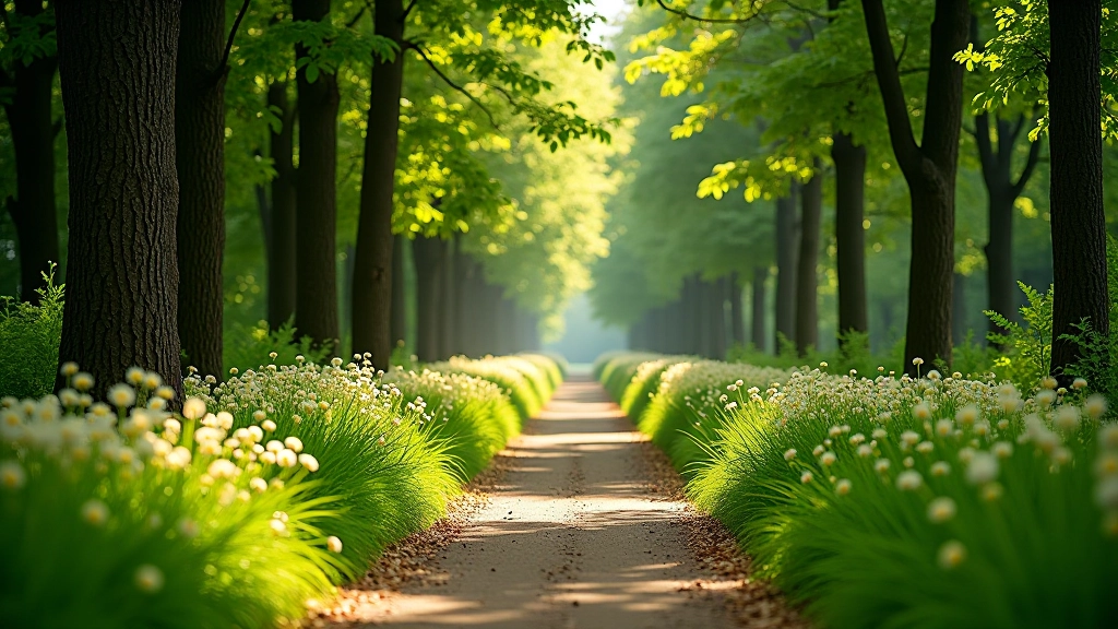 Nature path with wildflowers blooming, sunlight filtering through trees,