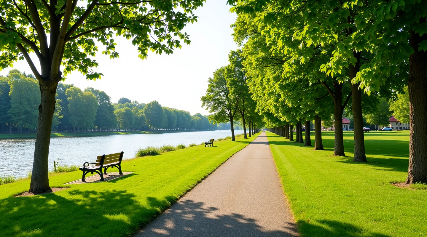Pärnu jõekaldal asuv kuurordipark, roheline loodus ja rahulik puhkepaikade vaade