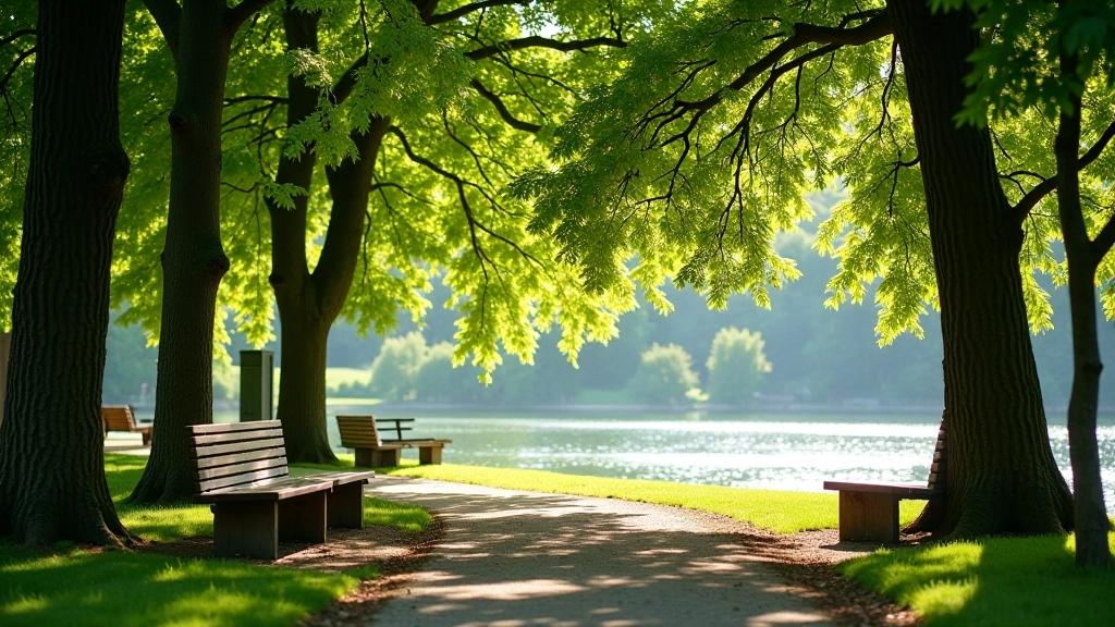 Wooden benches under shade trees in park, peaceful seating area, dappled sunlight,