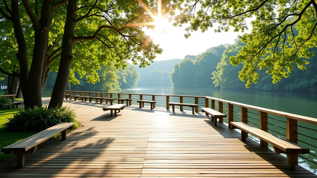 Wooden viewing platform overlooking Pärnu river, calm water, sunset light, benches for rest,